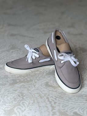 Sperry Women’s  Taupe Canvas Boat Shoes with White Laces | size 8